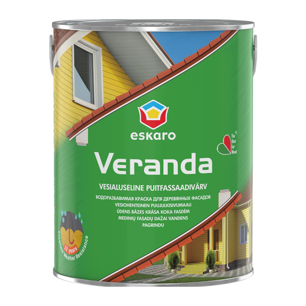 Краска для деревянных фасадов Eskaro Veranda основа TR 2,7 л краска моющаяся eskaro moda absolut matt база tr бес ная 0 9 л