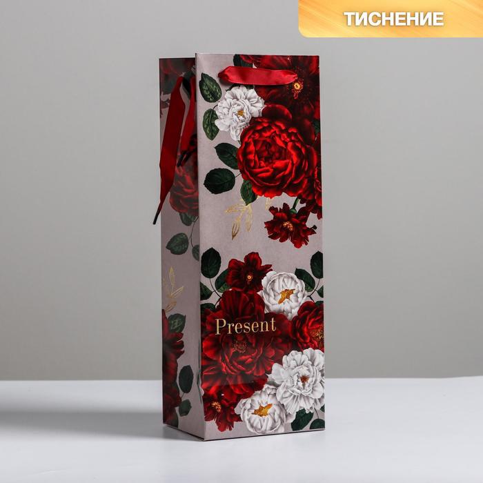 

Пакет ламинированный под бутылку «Flowers», 13 x 36 x 10 см, Бордовый, Коллекция упаковки "Яркие цветы"