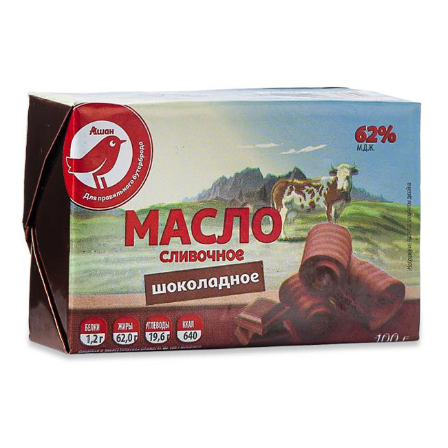 

Сливочное масло АШАН Красная птица шоколадное 62% 100 г