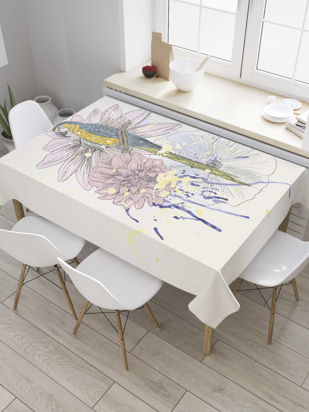 

Скатерть прямоугольная JoyArty "Попугай в цветах" из сатена, 120x145 см, Розовый, Попугай в цветах