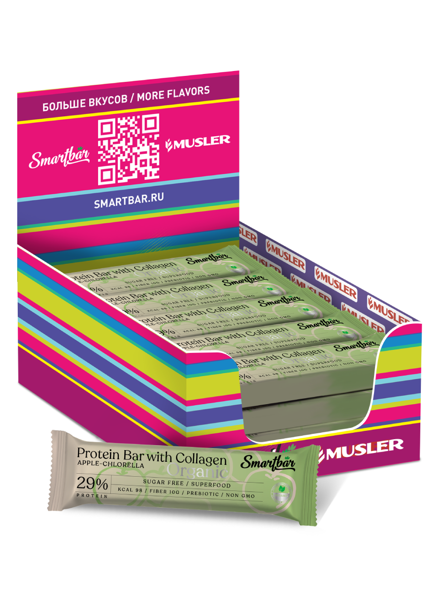 Батончик протеиновый Smartbar Protein ORGANIC Яблоко и хлорелла, 20 шт. х 40 г.
