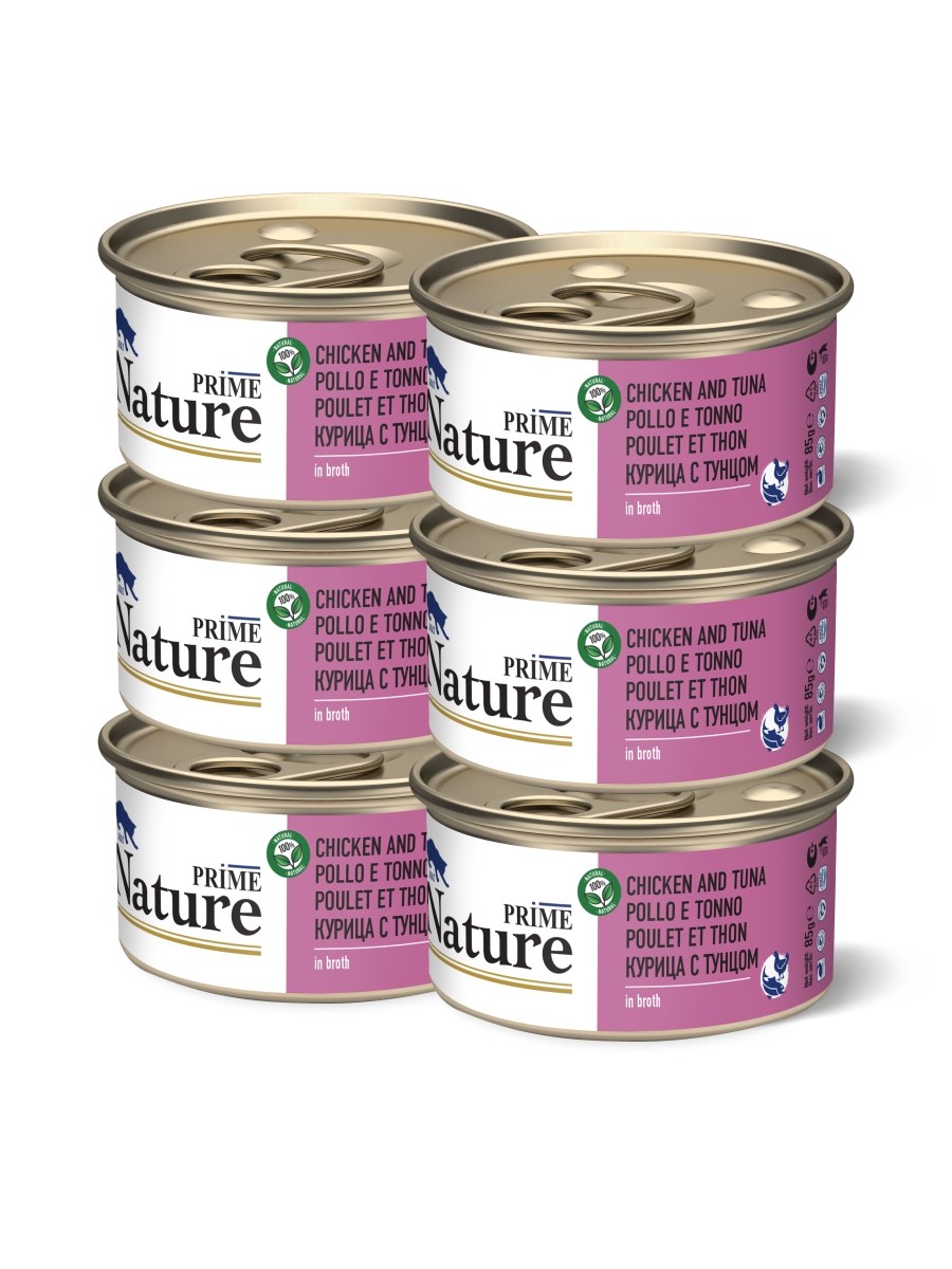 

Консервы для кошек PRIME NATURE Курица с тунцом в бульоне, 6шт по 85г, Nature