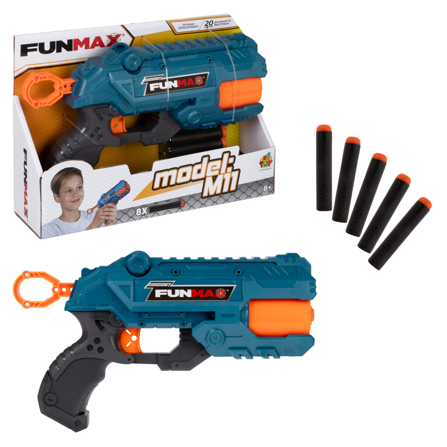 Бластер игрушечный 1toy Funmax M11 механич, 7 стволов, в компл 8 EVA снарядов