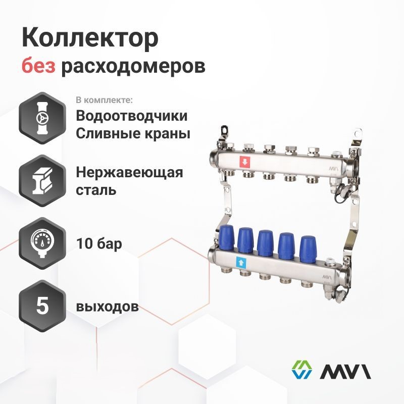 

Коллектор без расходомеров MVI в комплекте с воздухоотводчиками и кранами 5 выходов, Хром, Коллектор