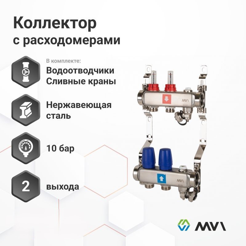 

Коллектор с расходомерами MVI в комплекте с воздухоотводчиками и сливными кранами 2 выхода, Хром, Коллектор с расходомерами в комплекте с воздухоотводчиками и сливными кранами