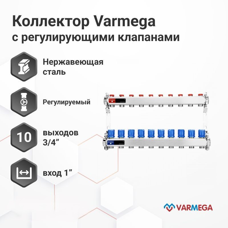 Коллектор из нержавеющей стали VARMEGA с регулирующими клапанами 10 выходов VM15510