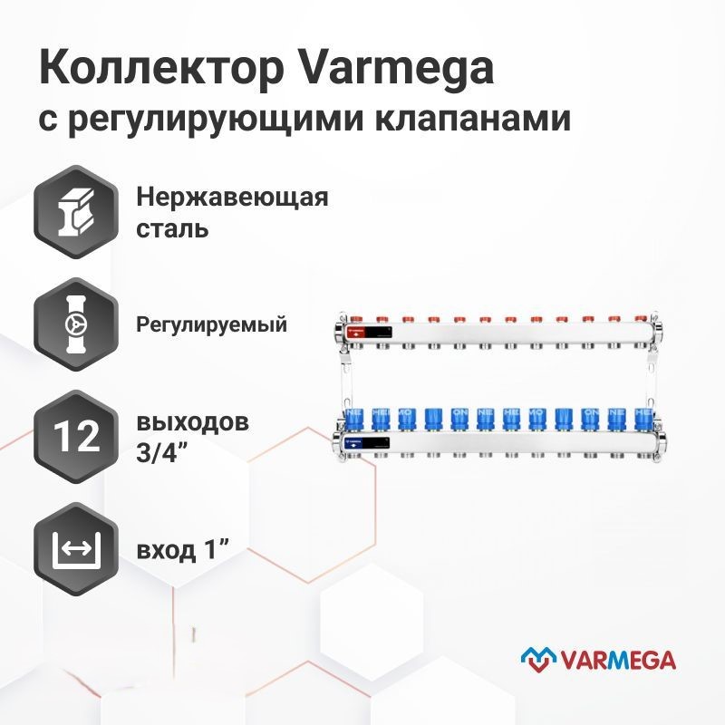 Коллектор из нержавеющей стали VARMEGA с регулирующими клапанами 12 выходов VM15512