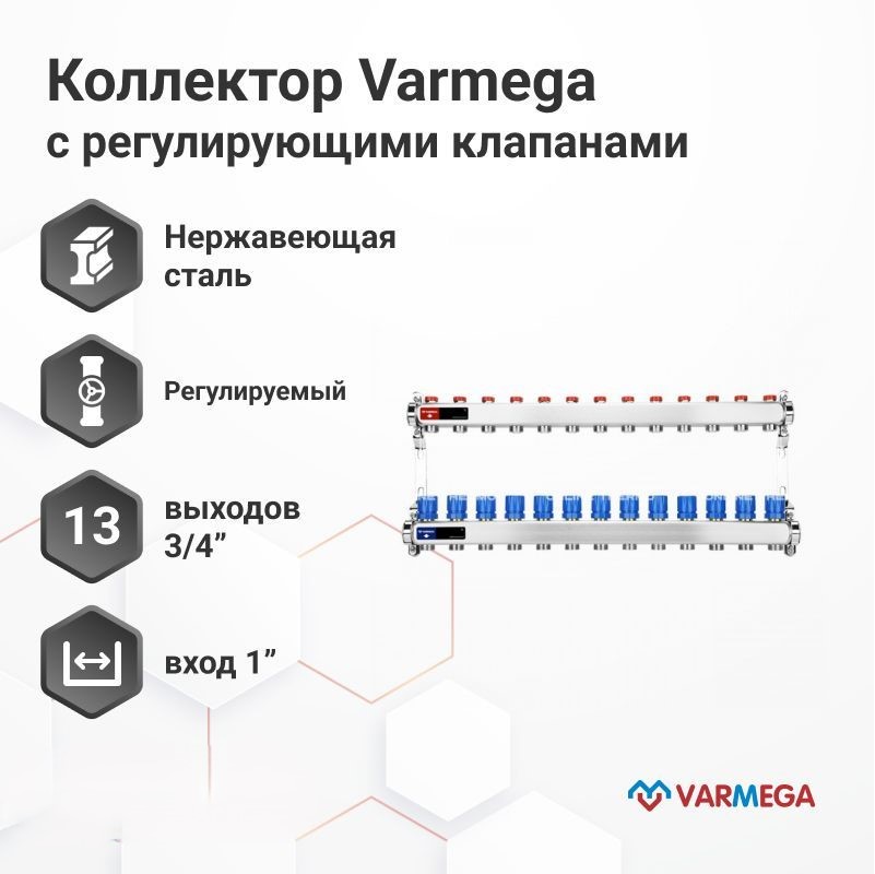 Коллектор из нержавеющей стали VARMEGA с регулирующими клапанами 13 выходов VM15513 21929₽