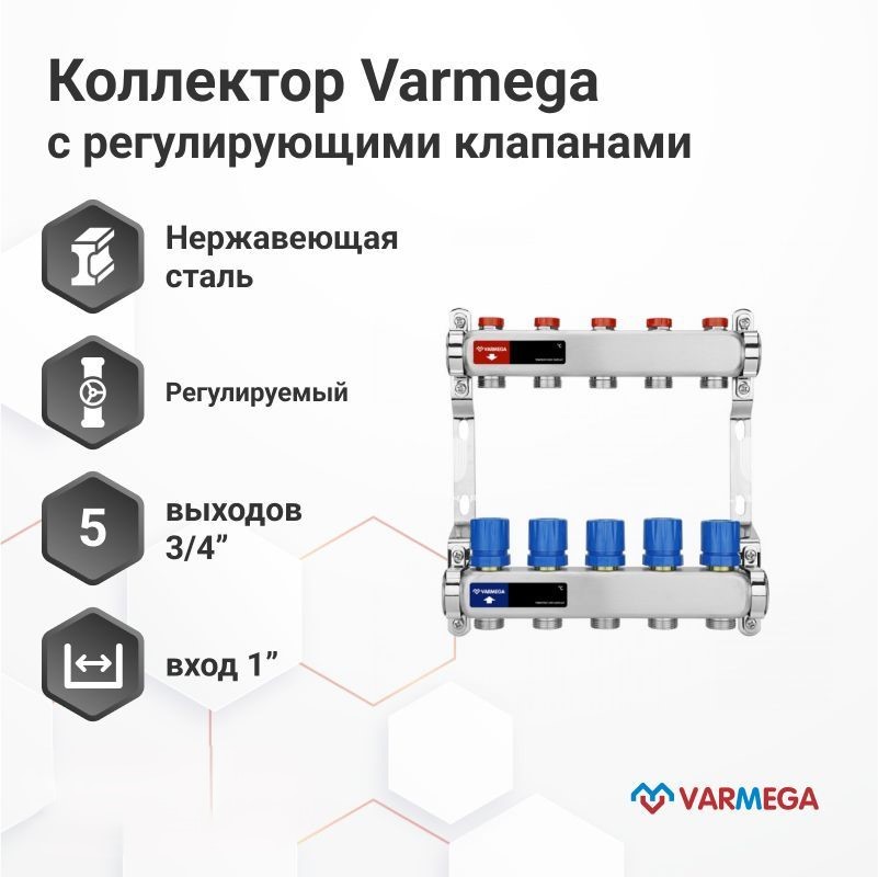 Коллектор из нержавеющей стали VARMEGA с регулирующими клапанами 5 выходов VM15505