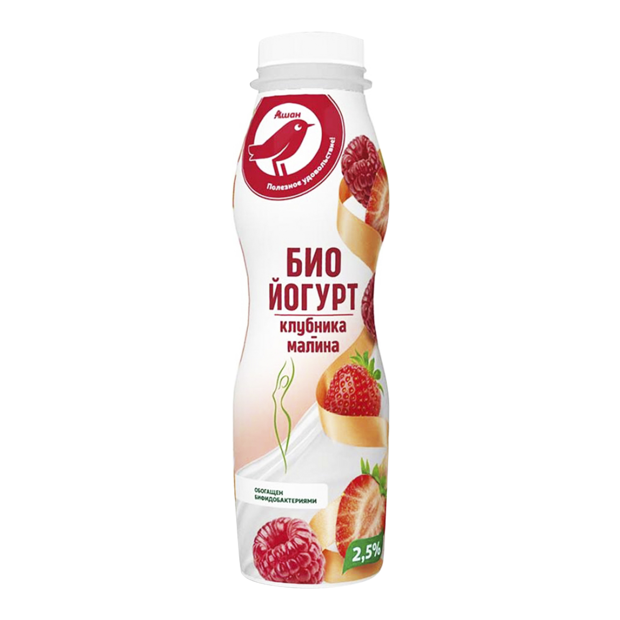 Питьевой биойогурт АШАН Красная птица клубника-малина 2,5% бзмж 290 г