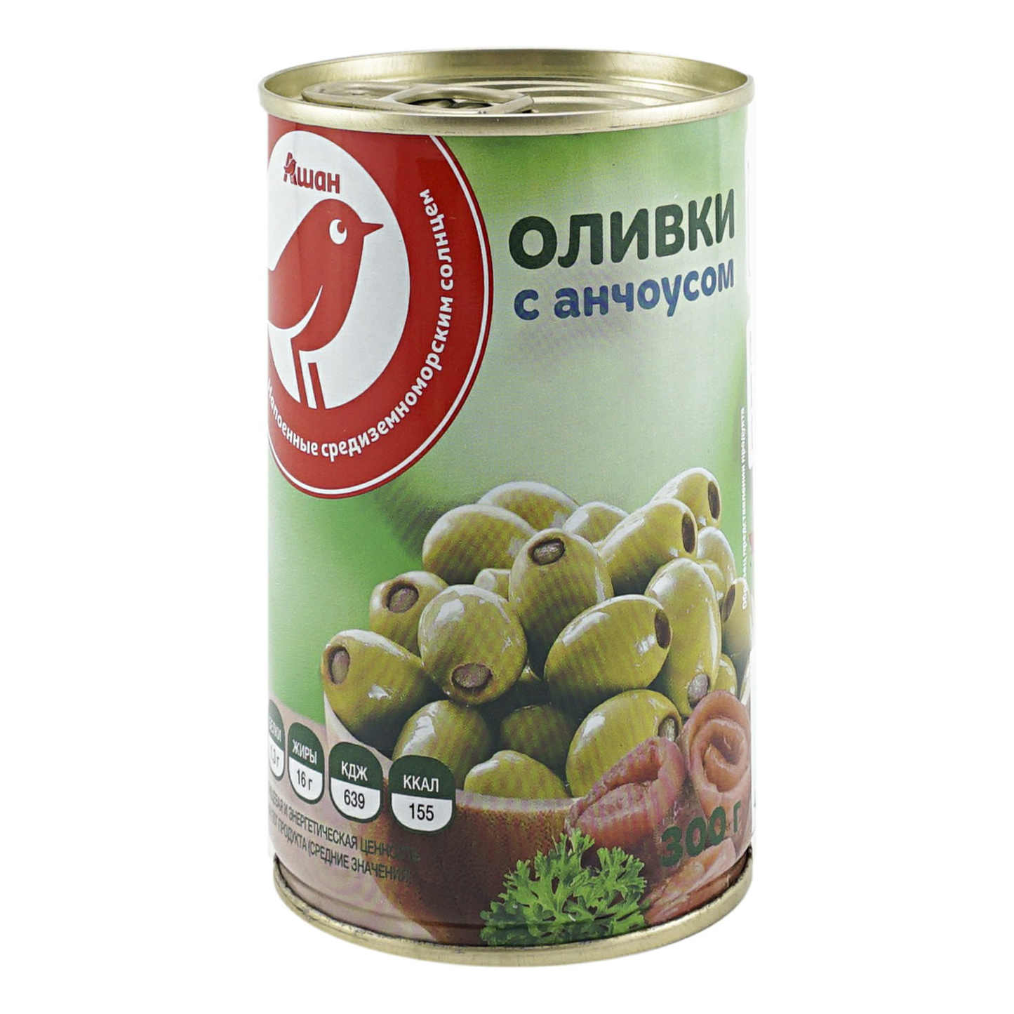 

Оливки АШАН Красная птица фаршированные с анчоусом 300 г