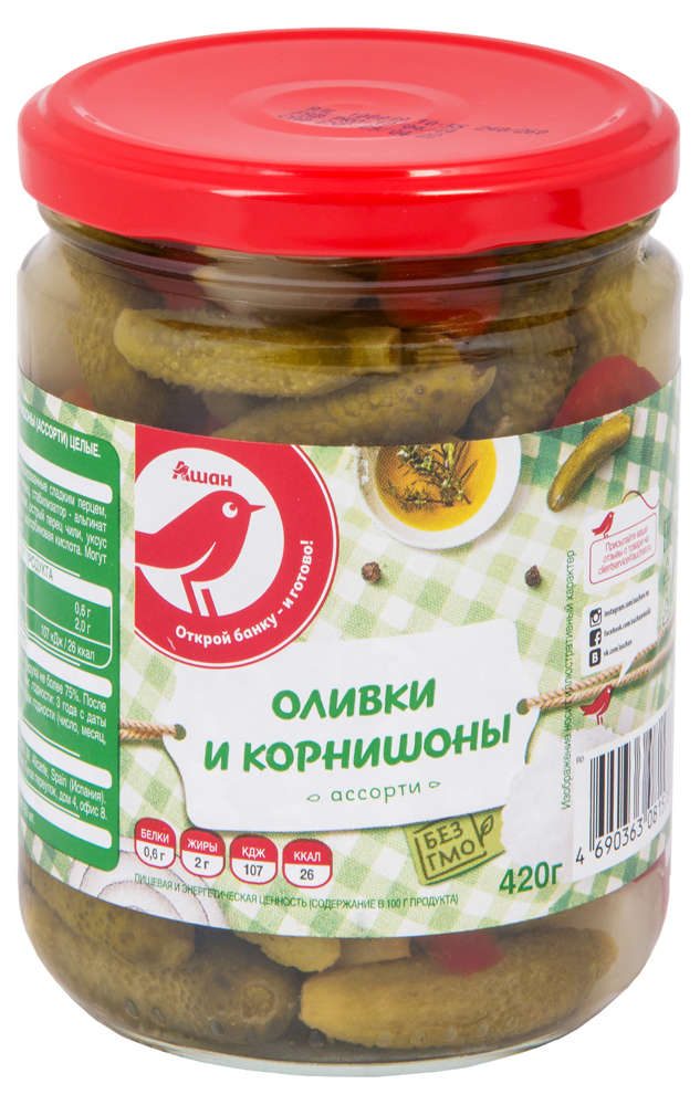 

Ассорти АШАН Красная птица оливки-корнишон 420 г
