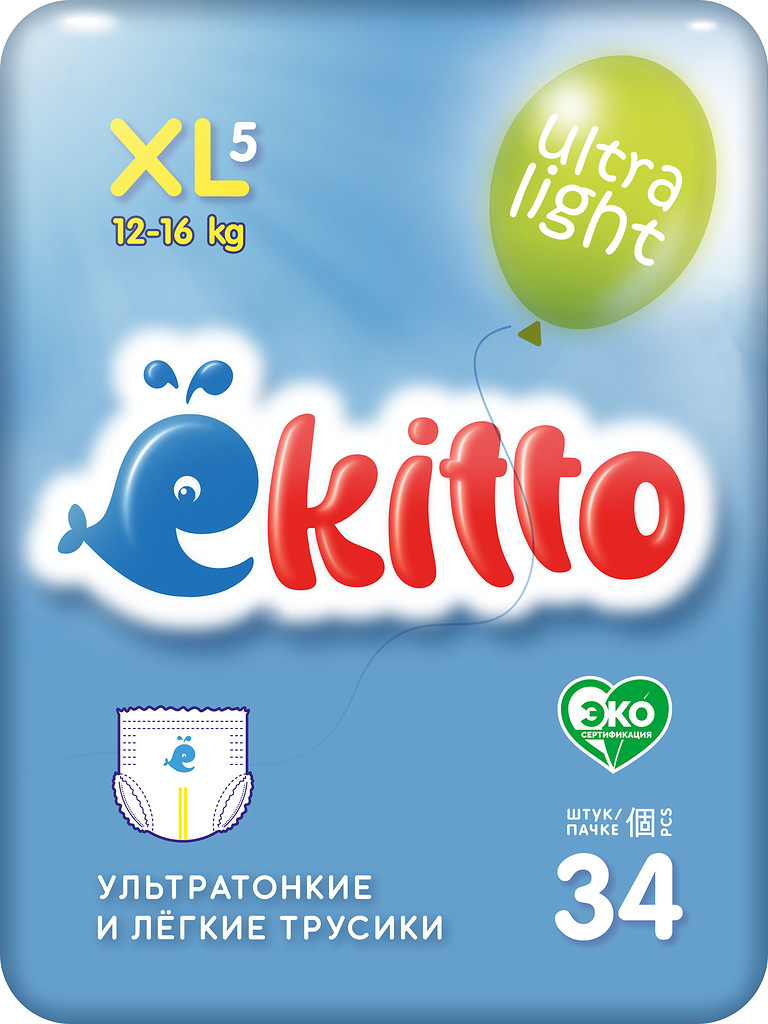 фото Ультратонкие подгузники-трусики ekitto ultra light xl (12-16кг) 34 шт. eul200xl