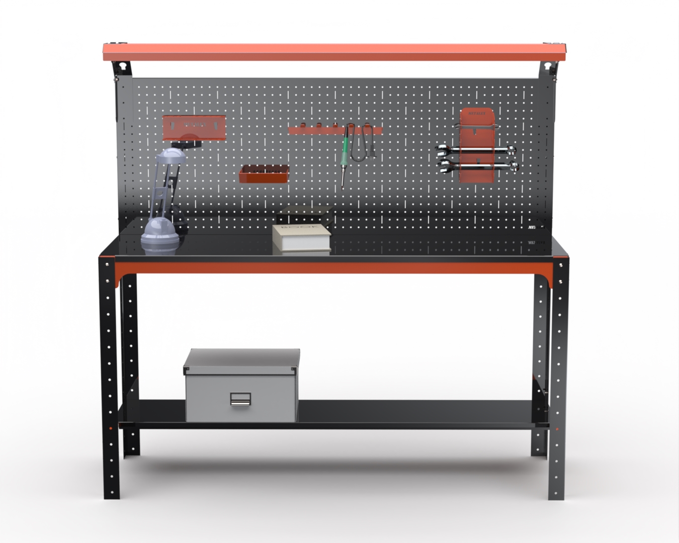 

Стол металлический Metalex серия KIT 750х1500х500, 1 полка + перфопанель с комп. освещения