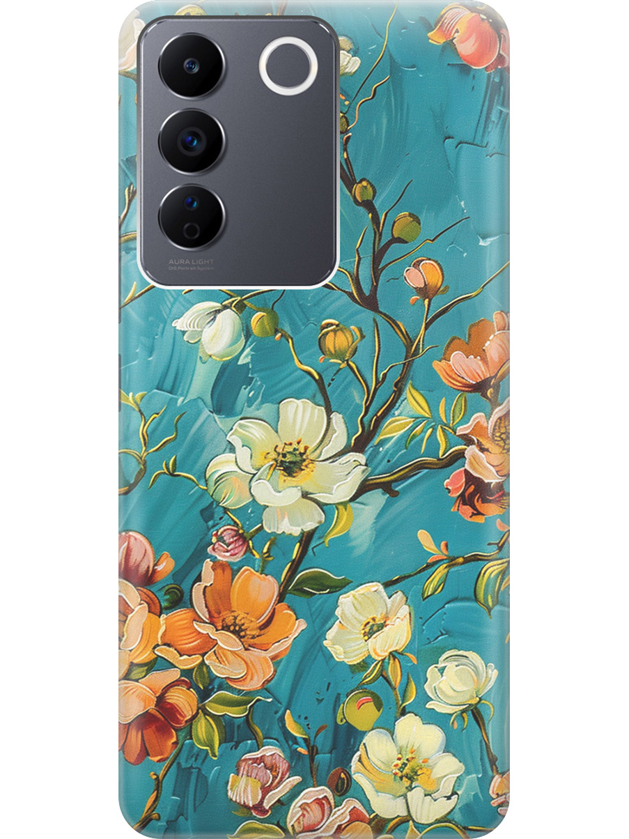 

Силиконовый чехол на Vivo V27e с принтом "Винтажные цветочки", Прозрачный;белый;голубой, 768743023