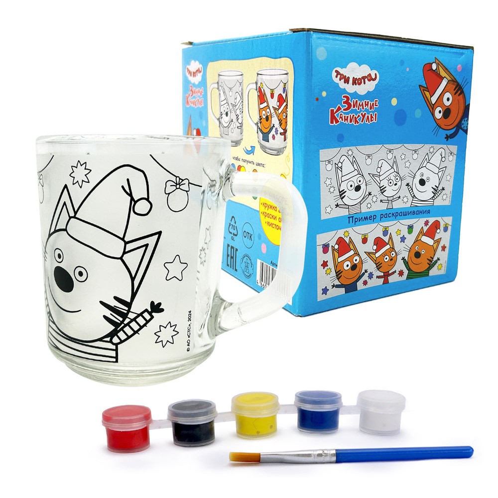 

Кружка для росписи Три Кота Зимние Каникулы, стекло, 230 мл, с красками и кисточкой, Кружка 230 мл, в наборе с красками и кисточкой, "Три Кота. Зимние Каникулы ", стекло