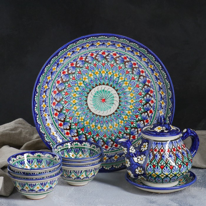 фото Набор чайный 9 предметов риштанская керамика (чайник 0,8л,пиалы- 0,2) nobrand