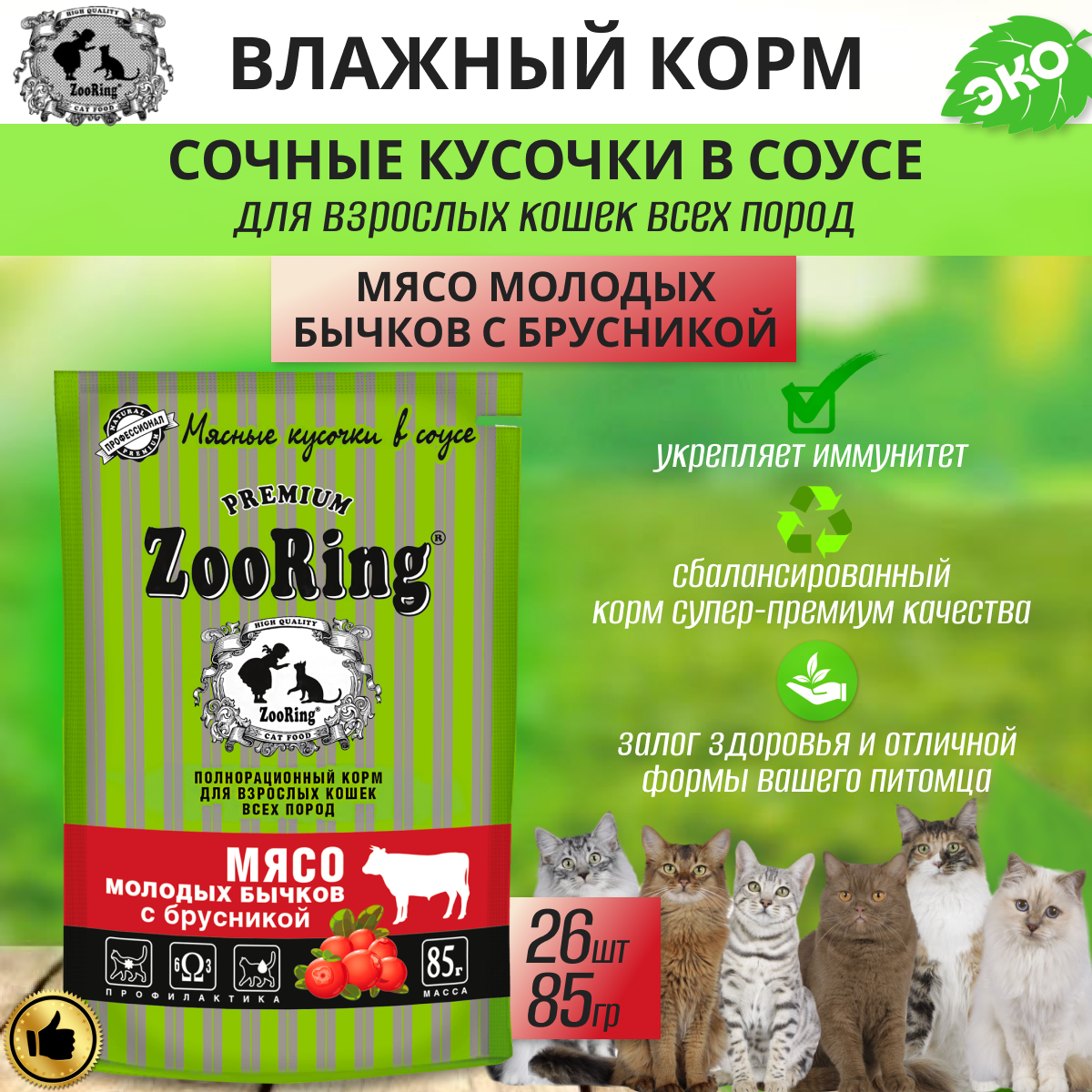 Сочные кусочки в соусе Zooring Мясо молодых бычков с брусникой, 26 шт по 85 г