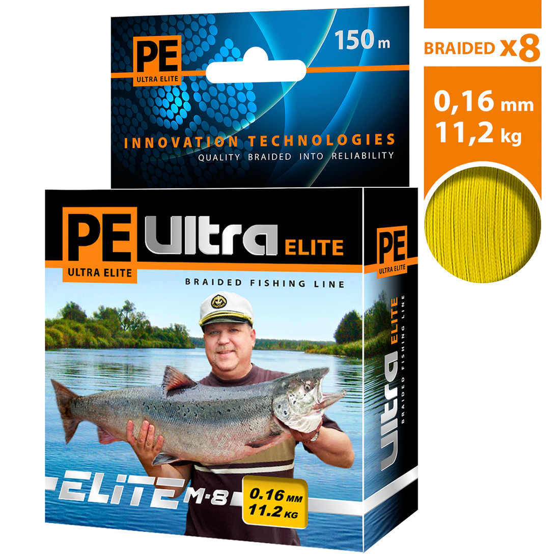 Плетеный шнур AQUA PE ULTRA ELITE M-8 Yellow 0,16mm 150m, цвет - желтый, test - 11,20kg