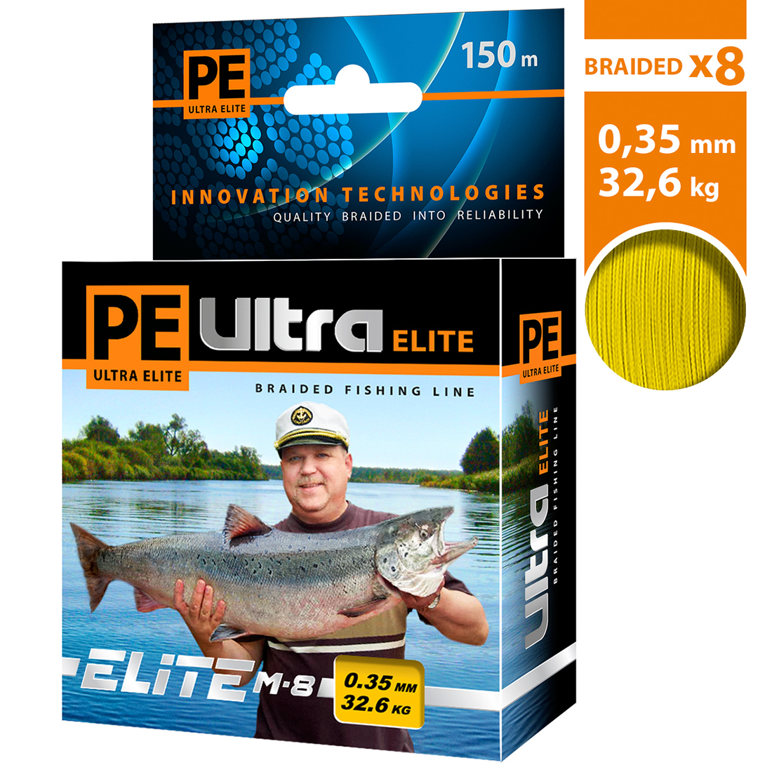 Плетеный шнур AQUA PE ULTRA ELITE M-8 Yellow 0,35mm 150m, цвет - желтый, test - 32,60kg