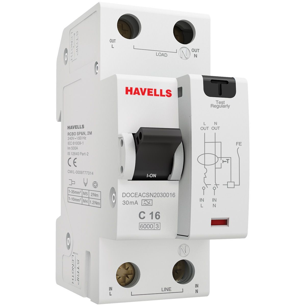 Дифференциальный автоматический выключатель Havells: 1P+N 6kA, C-16A, 30 мА, Тип A, 2М