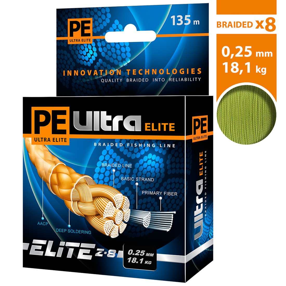 Плетеный шнур AQUA PE ULTRA ELITE Z-8 0,25mm 135m, цвет - оливковый, test - 18,10kg