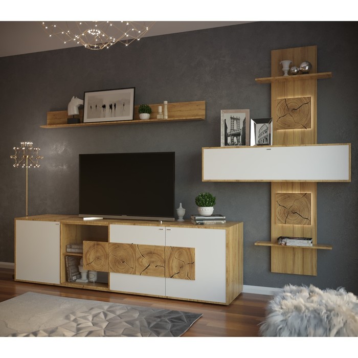 

Стенка Берген 3200х420х2200 Дуб крафт золотой/белый матовый + МДФ декор