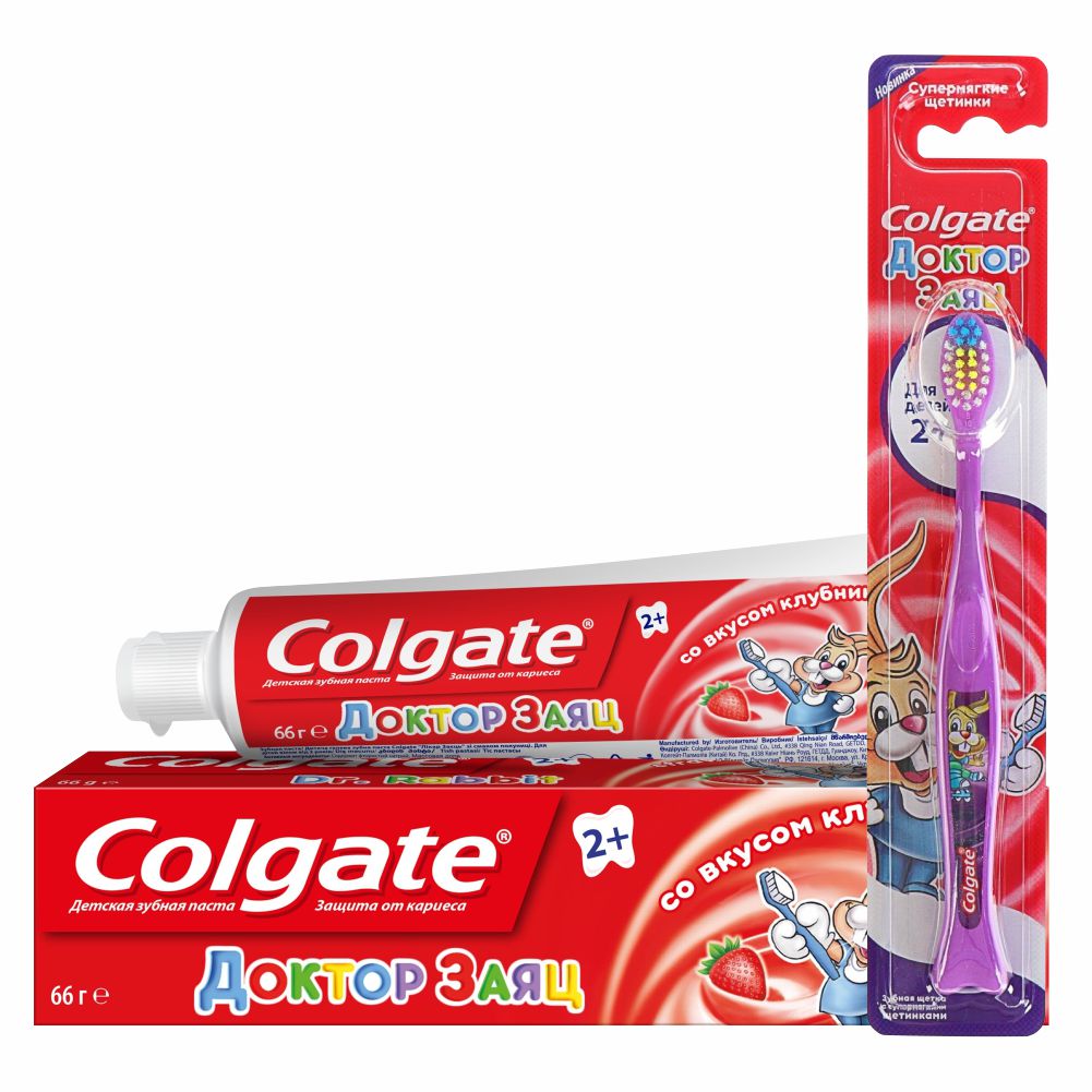 Набор детский Colgate Доктор Заяц Зубная паста Клубника + Зубная щетка 2+ супермягкая