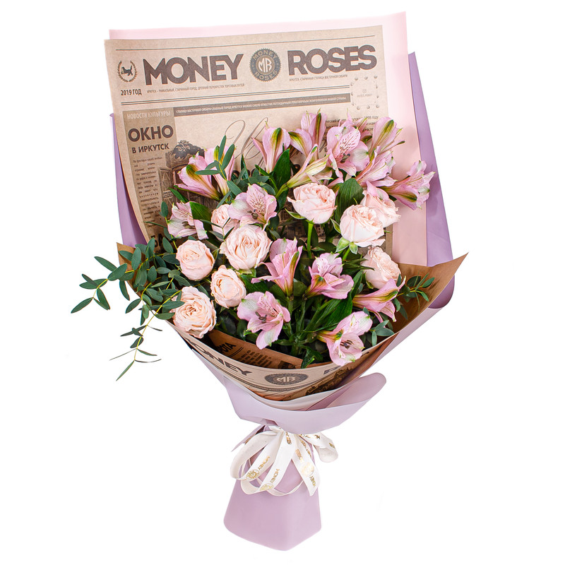 

Букет живых цветов Money Roses "Мила"из кустовой розы с альстромерией, Мила