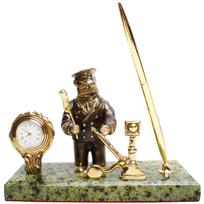 фото Письменный прибор "медведь-железнодорожник" с часами из бронзы и змеевика (златоуст) nobrand