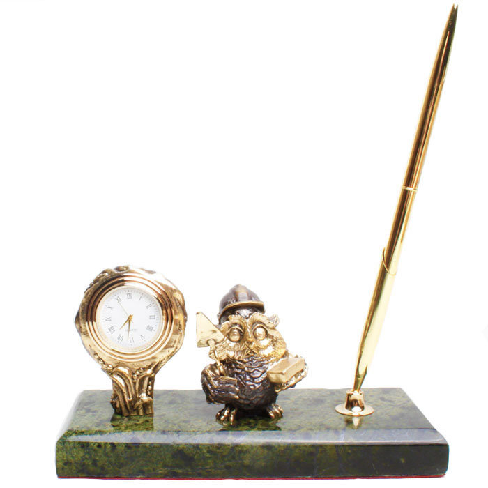 фото Настольный письменный прибор "сова-строитель" с часами из бронзы и змеевика (златоуст) nobrand