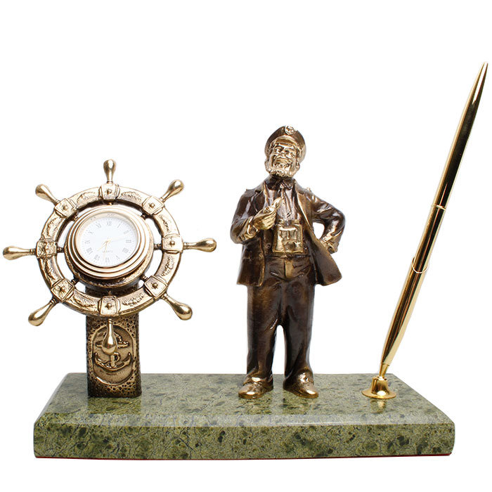 фото Настольный письменный прибор "моряк" с часами из бронзы и змеевика (златоуст) nobrand