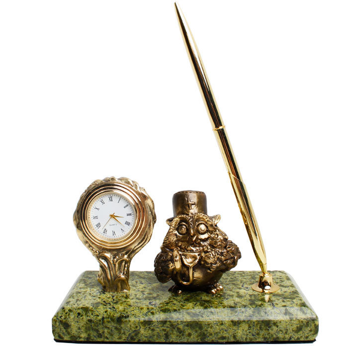 фото Настольный письменный прибор "сова-доктор" с часами из бронзы и змеевика (златоуст) nobrand