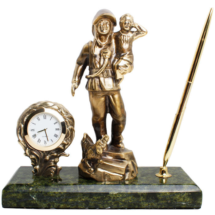 фото Настольный письменный прибор "спасатель" с часами из бронзы и змеевика (златоуст) nobrand