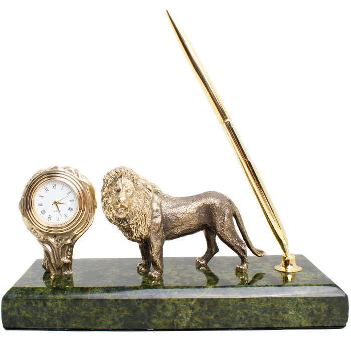 фото Письменный прибор с часами "лев" из бронзы и змеевика (златоуст) nobrand