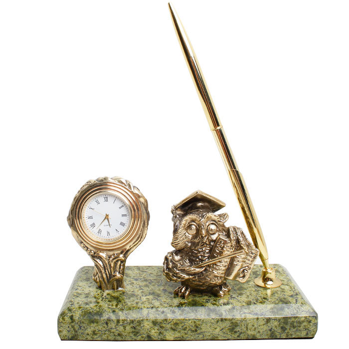 фото Письменный прибор с часами "сова-учитель" из бронзы и змеевика (златоуст) nobrand