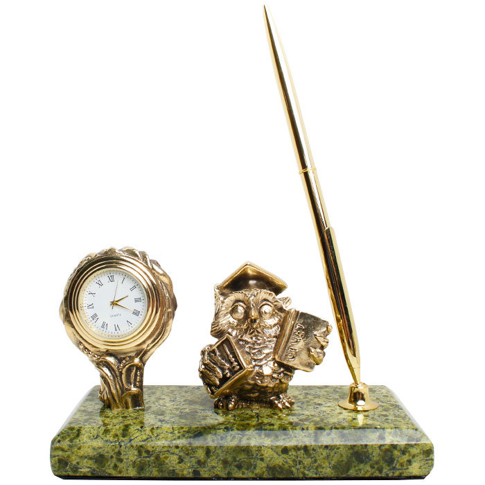 фото Письменный прибор с часами "сова-бухгалтер" из бронзы и змеевика (златоуст) nobrand