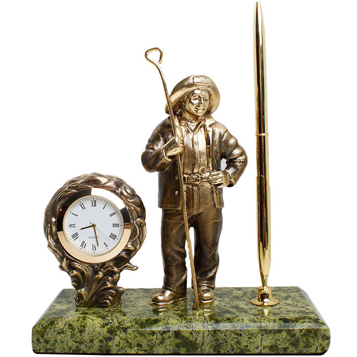 фото Настольный письменный прибор "металлург" с часами из бронзы и змеевика (златоуст) nobrand