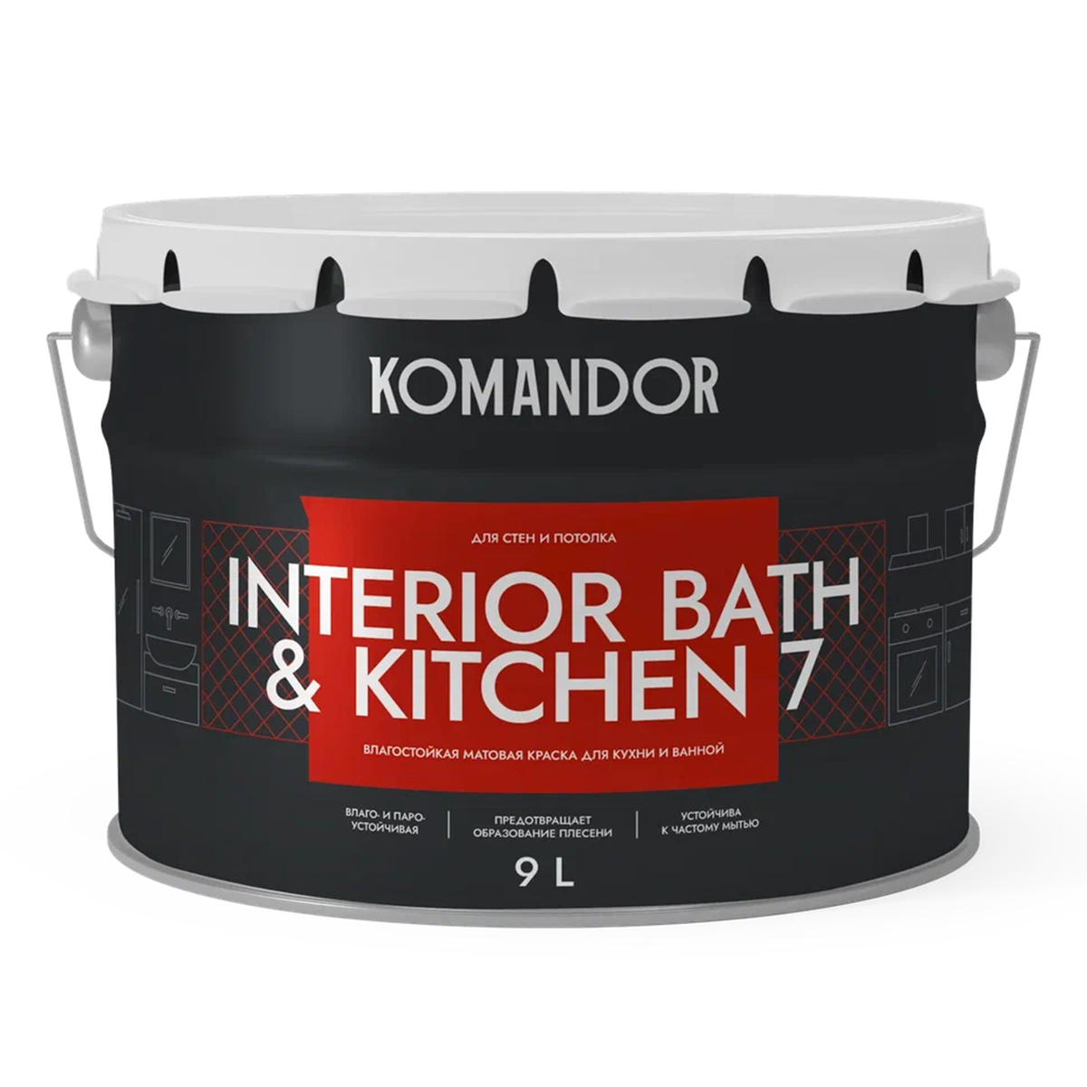 Краска интерьерная влагостойкая Komandor Interior Bath&Kitchen 7, мат., база С, бесцв., 9л