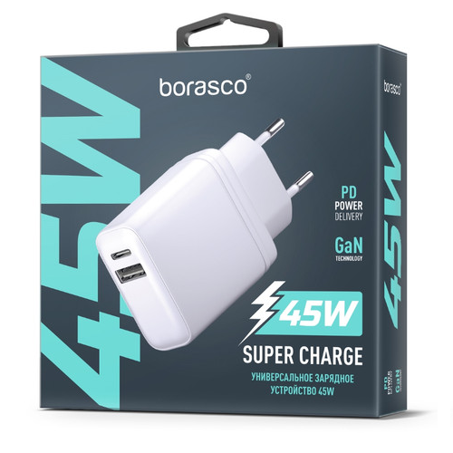 

Сетевое зарядное устройство BoraSCO Super Charger 1x USB Type A, 1xUSB Type-C 3 А белый, Super Charger 45W