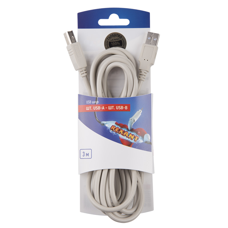 

Шнур шт. USB-А - шт. USB-B 3M REXANT, 10 шт., Белый, 10