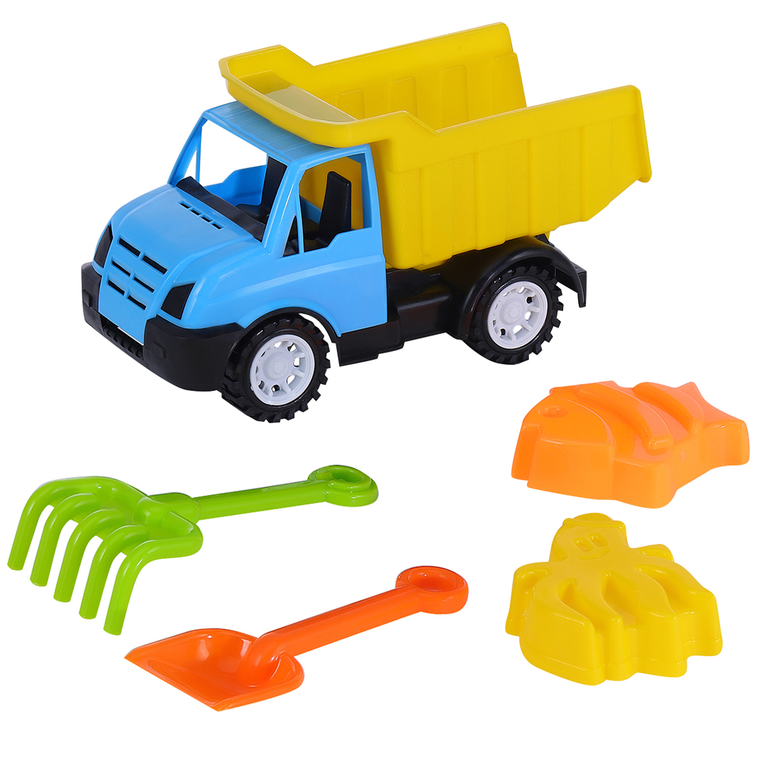 фото Песочный набор компания друзей грузовик, лопатка, грабли, 2 формочки, голубой, jb5300474