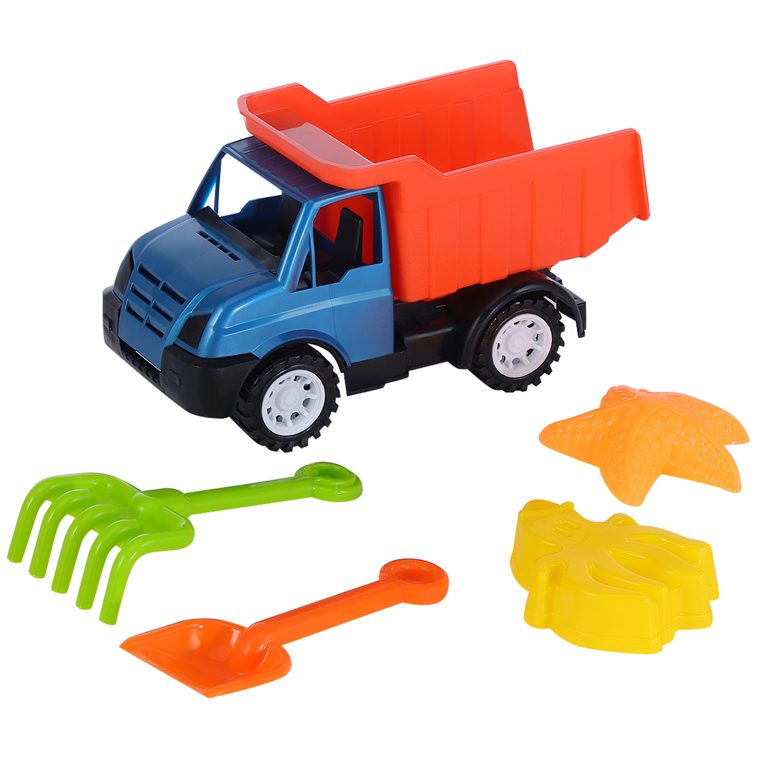 фото Песочный набор компания друзей грузовик, лопатка, грабли, 2 формочки, синий, jb5300478