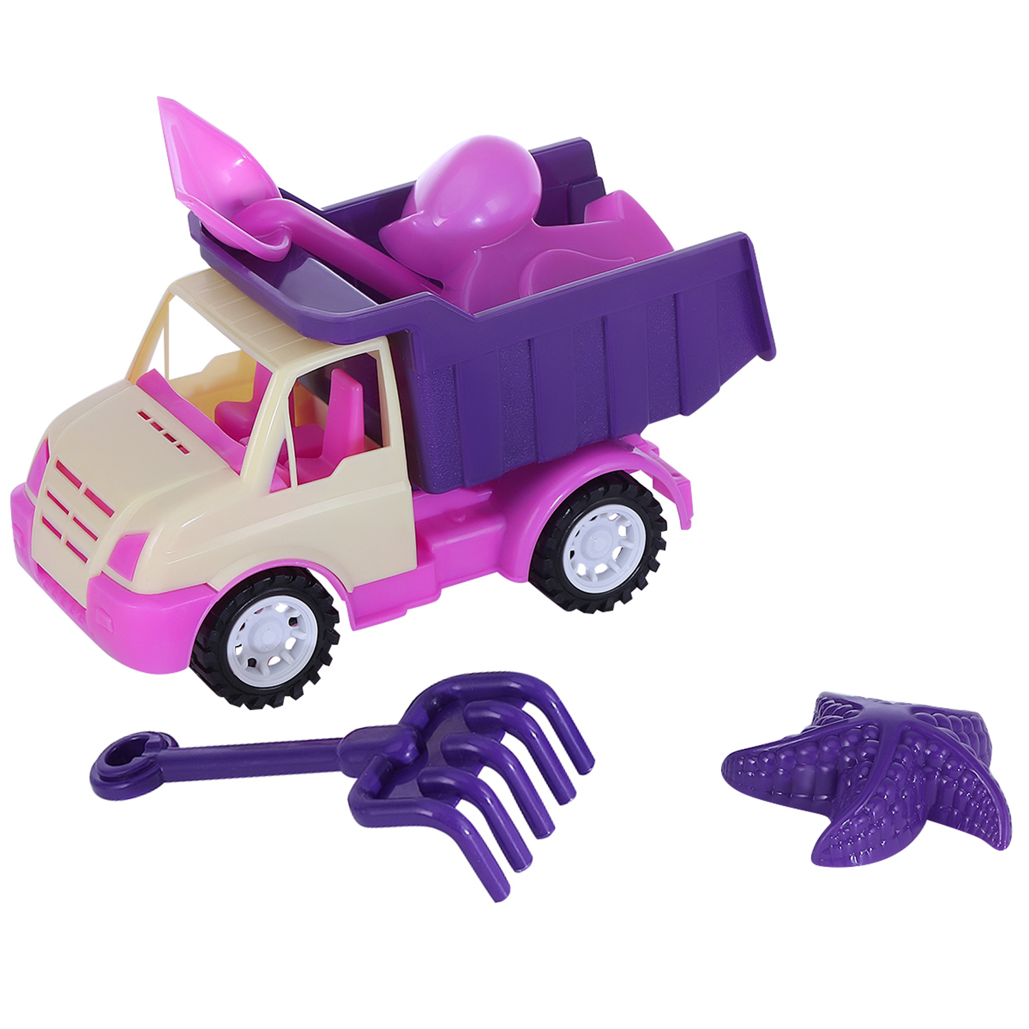фото Песочный набор компания друзей грузовик, лопатка, грабли, 2 формочки, фиолетовый jb5300481