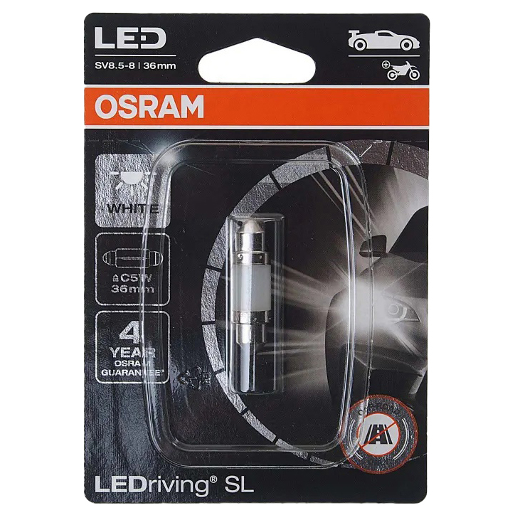 фото Лампа светодиодная 12v c5w sv8.5-8 36мм двухцокольная блистер (1шт.) osram