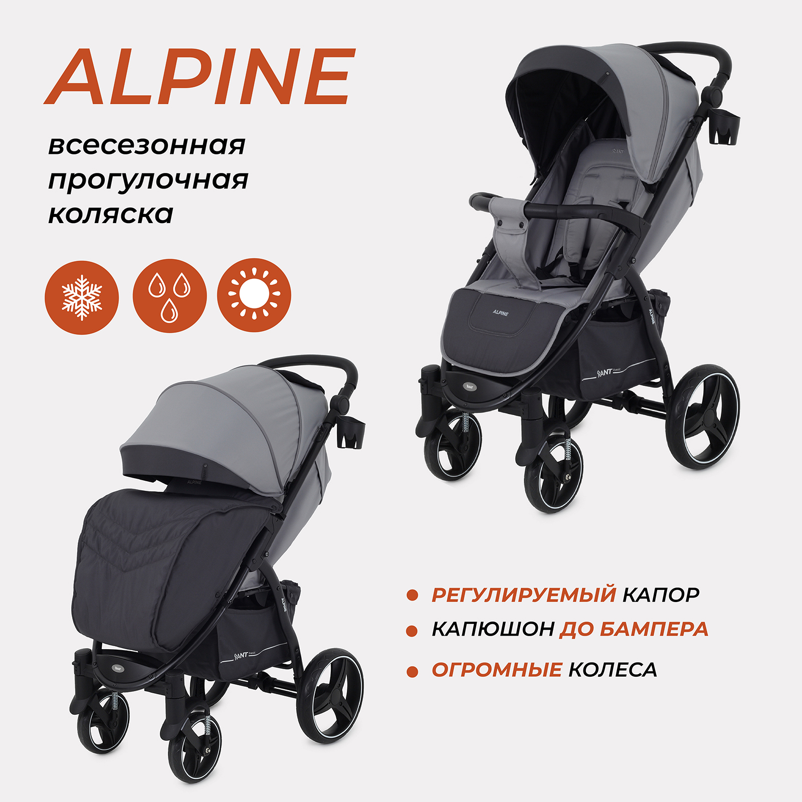 Коляска детская Rant Basic Alpine RA450 Grey 2024, 6м+ Китай