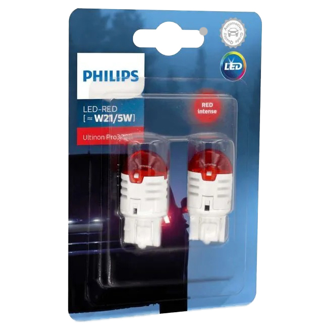 фото Лампа светодиодная 12v w21/5w w3x16q блистер (2шт.) led red ultinon pro3000 philips