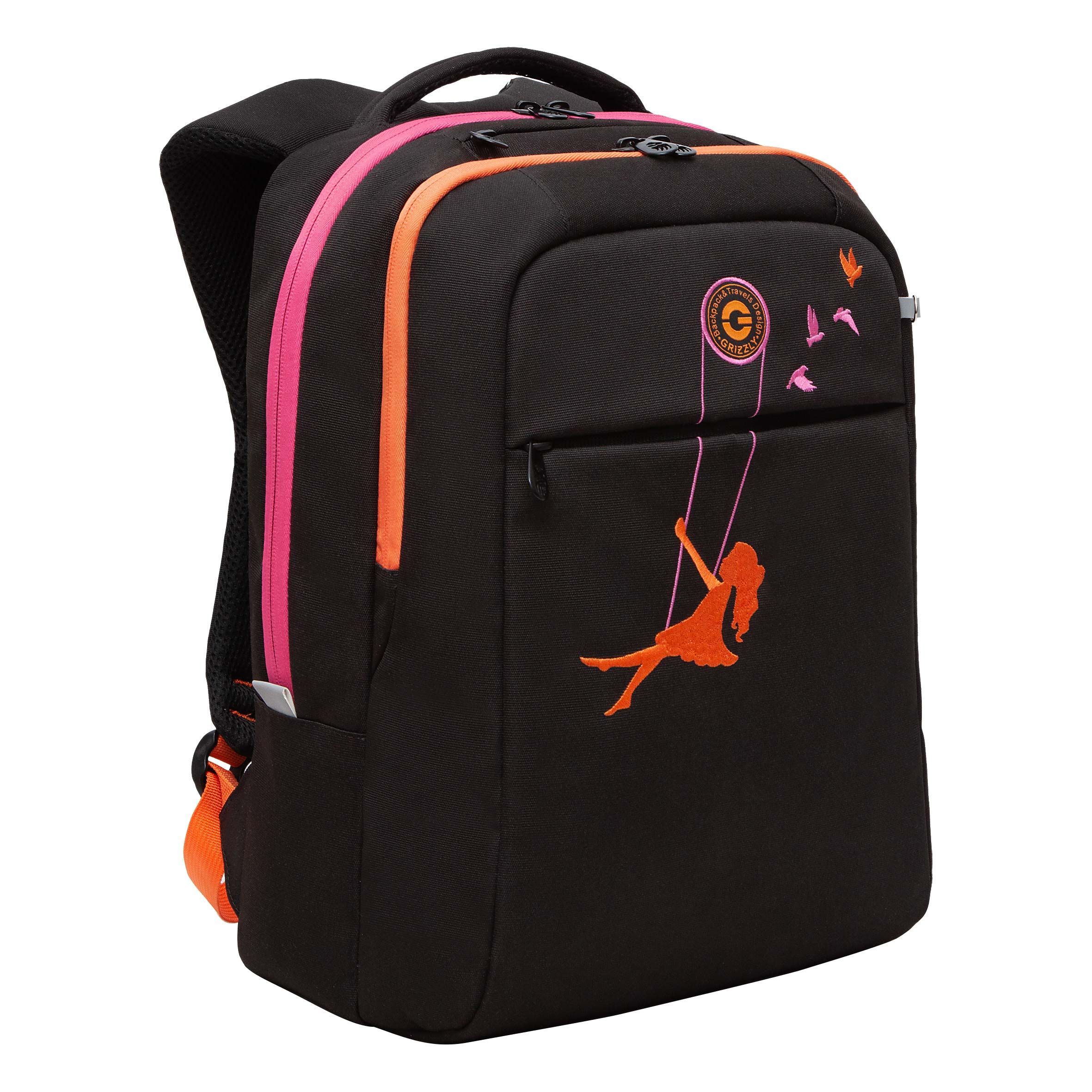 Рюкзак GRIZZLY RD-344-2 молодежный на каждый день вместительный черный-оранжевый рюкзак молодежный из текстиля на молнии наружный карман оранжевый