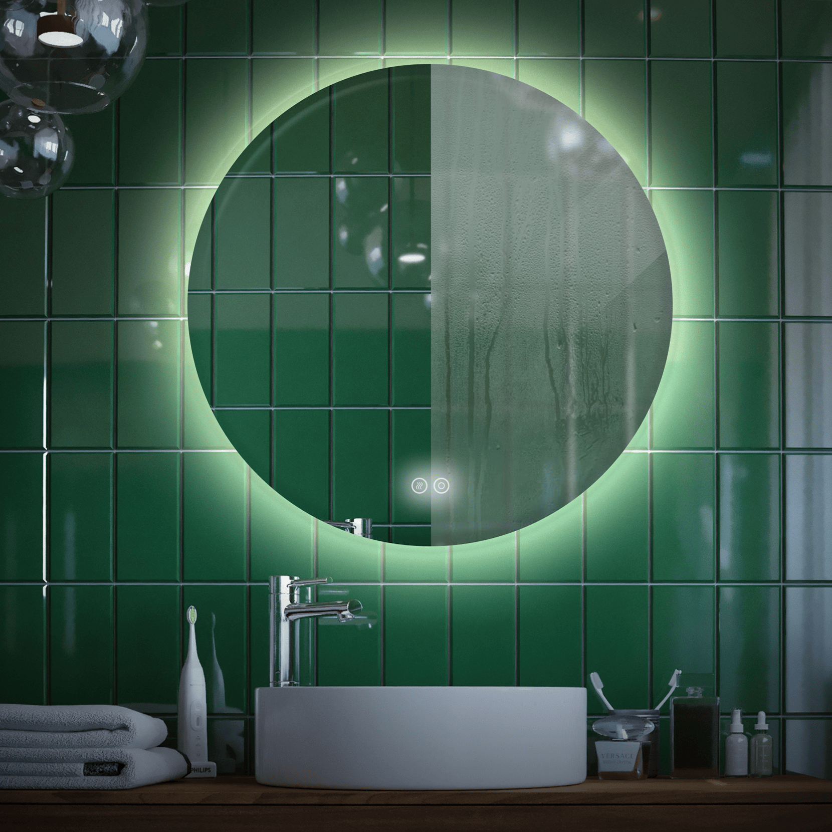 Зеркало для ванной Alfa Mirrors с теплой подсветкой 3200К,обогрев круг 90см, арт. Na-9Ad