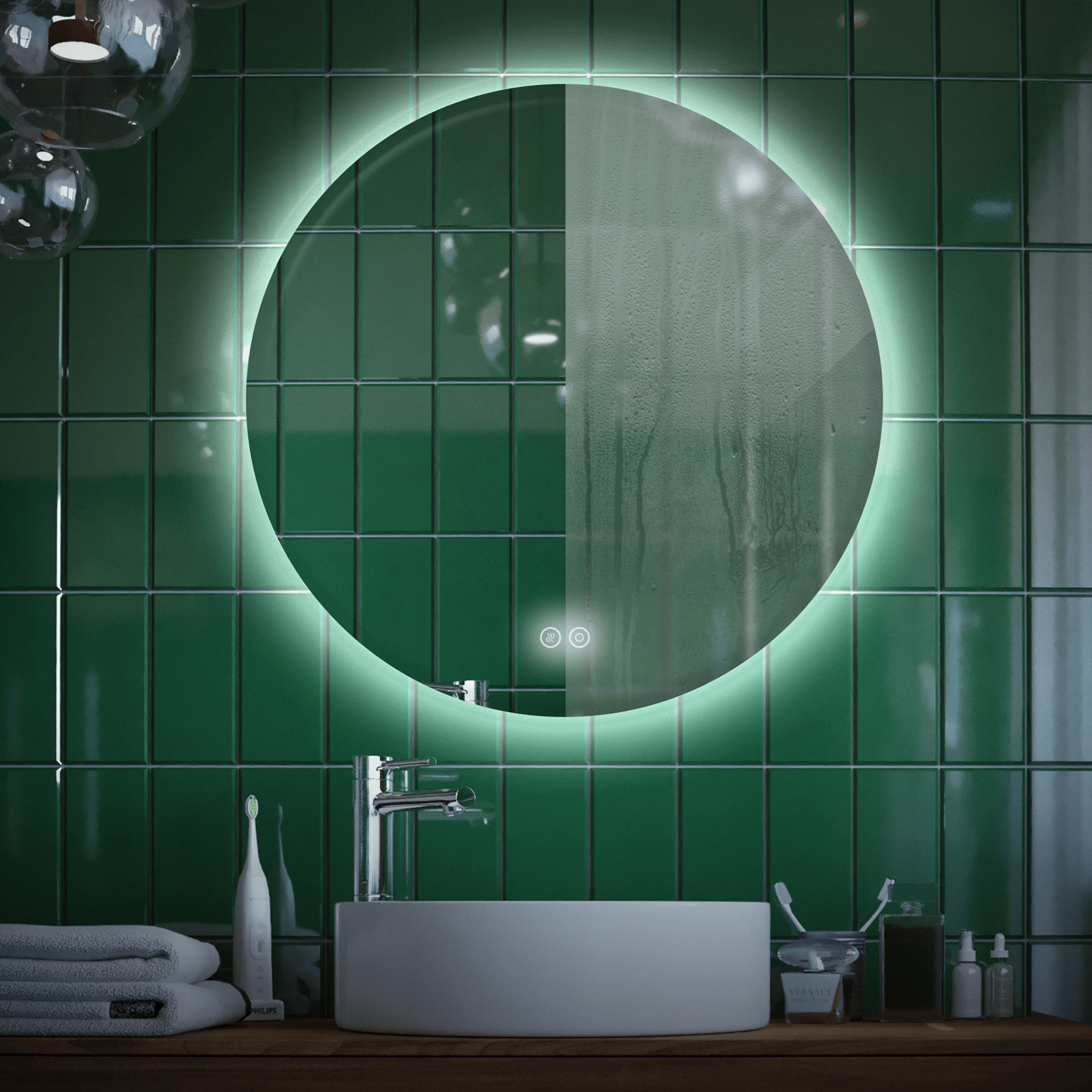 Зеркало для ванной Alfa Mirrors с холодной подсветкой 6500К,обогрев круг 90см, арт. Na-9Ah